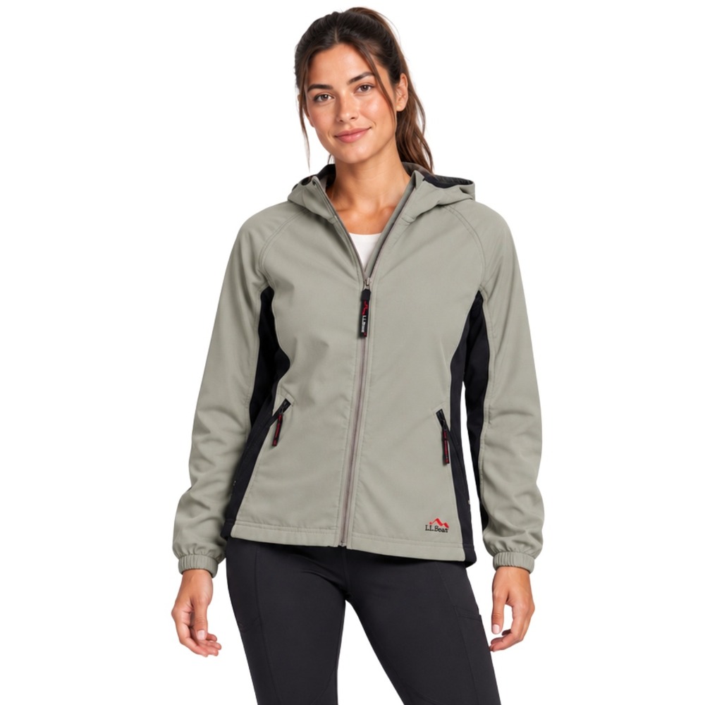 LL Bean Jacket Womens Medium Sage Green Black Softshell Hooded Outdoor Hiking
